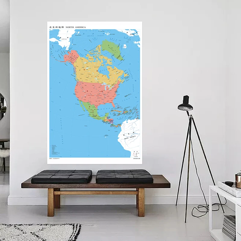 150*225cm North America Map Wall Art Poster Canvas Painting Non-woven Fabric Classroom Home Decor Children School Supplies