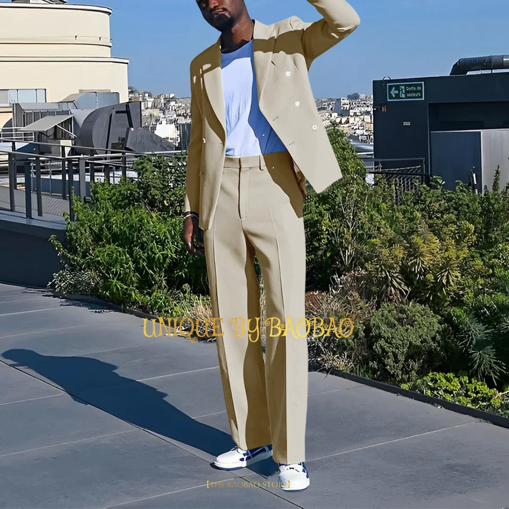 Lake Blue Men 2-piece Suit Double Breasted Blazer Trousers for Wedding Groom Prom Clothing Business Set Party Wear Tailored Outfit