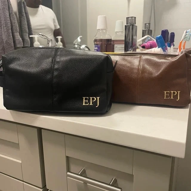 Toiletry Wash Bag Personalised With Gold Monogram Lnitials Black Leather Look For Him Groomsmen Mens Dad Bestman Father Gift 4
