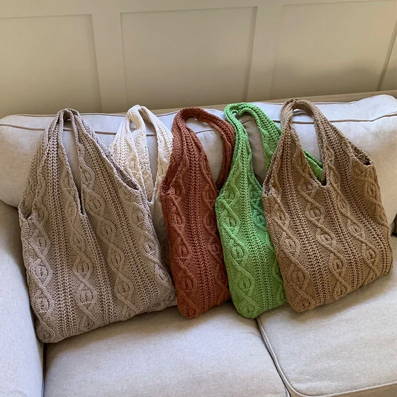 Wool Knitted Shoulder Shopping Bag for Women Vintage Cotton Cloth Girls Tote Shopper Bag Large Female Casual Handbag Crochet Bag