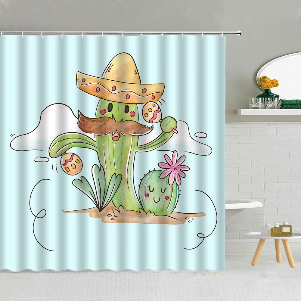 

Забавный мультяшный кактус, декор для ванной комнаты, занавески для душа, тропическая пустыня, зеленые суккуленты, растения в горшке, занавеска для детской ванны
