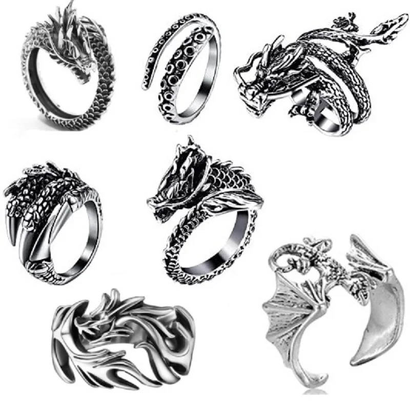 Wholesale 20pcs Dragon Rings For Men Women Punk Style Silver Color Claw Trendy Jewelry Party Gift Fashion Finger Accessories 6