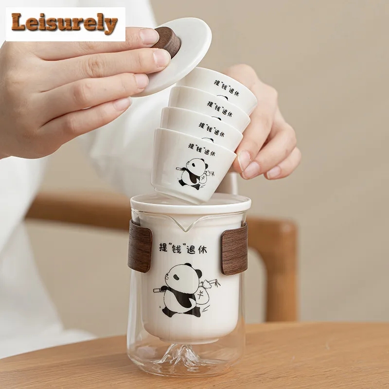 Cute Panda Mutton Fat Jade Travel Tea Set Kit Japanese 1 Pot 4 Cups Tea Maker Organizer Portable Camping Tote Bag Accessories
