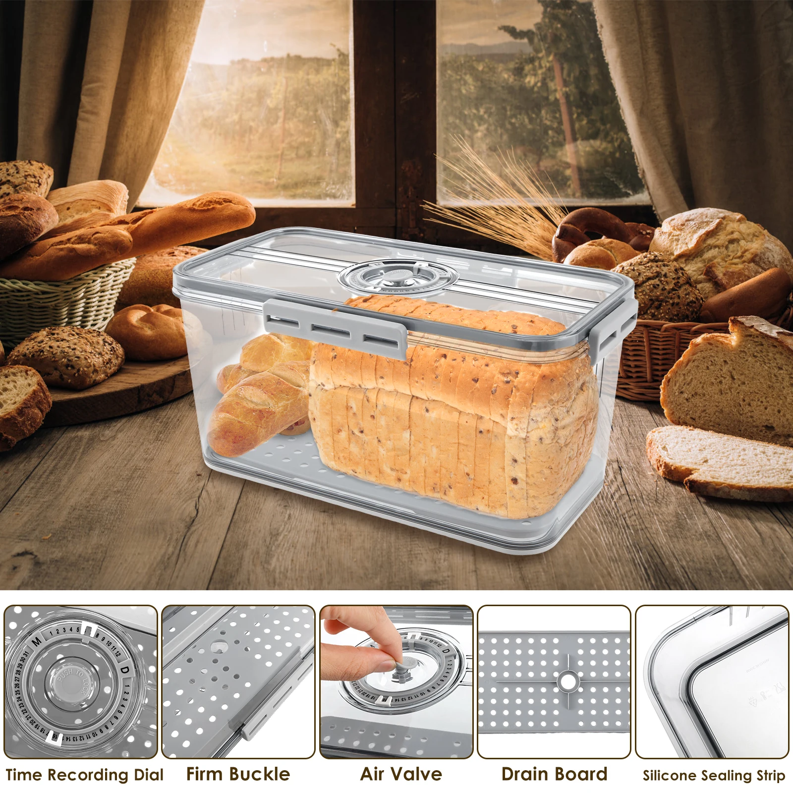 1 Pc Bread Box Food Grade Bread Storage Container with Snap Time Recording Airtight Sandwich Bread Holder for Bun Bagel Sandwich