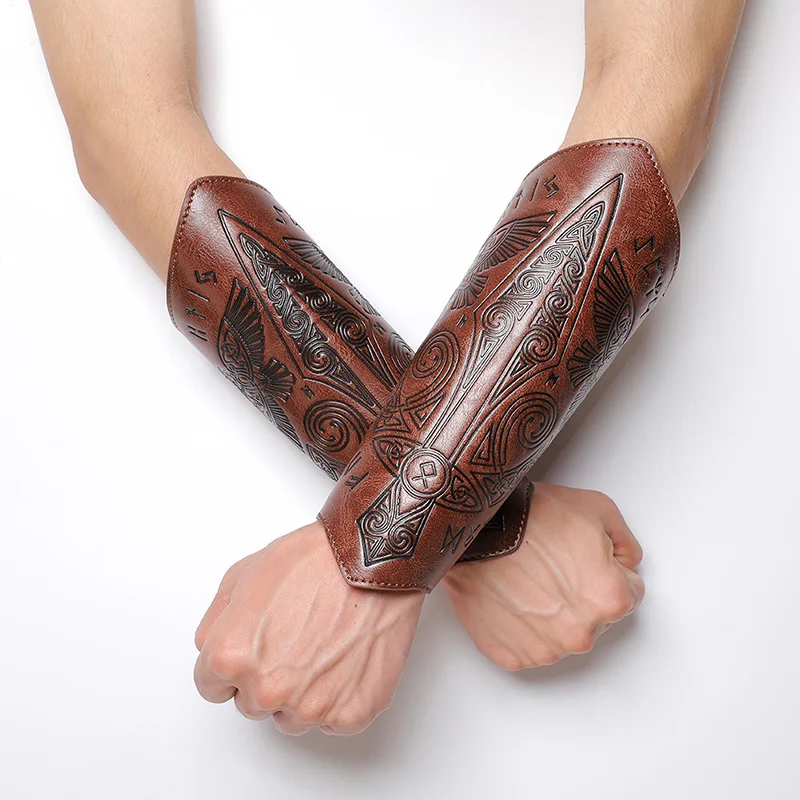 Medieval PU Leather Wrist Guards Viking Warrior Embossed Leather Gauntlets Knight Arm Gloves Retro Gothic Wristbands 1PC wrist guard cosplay gloves
