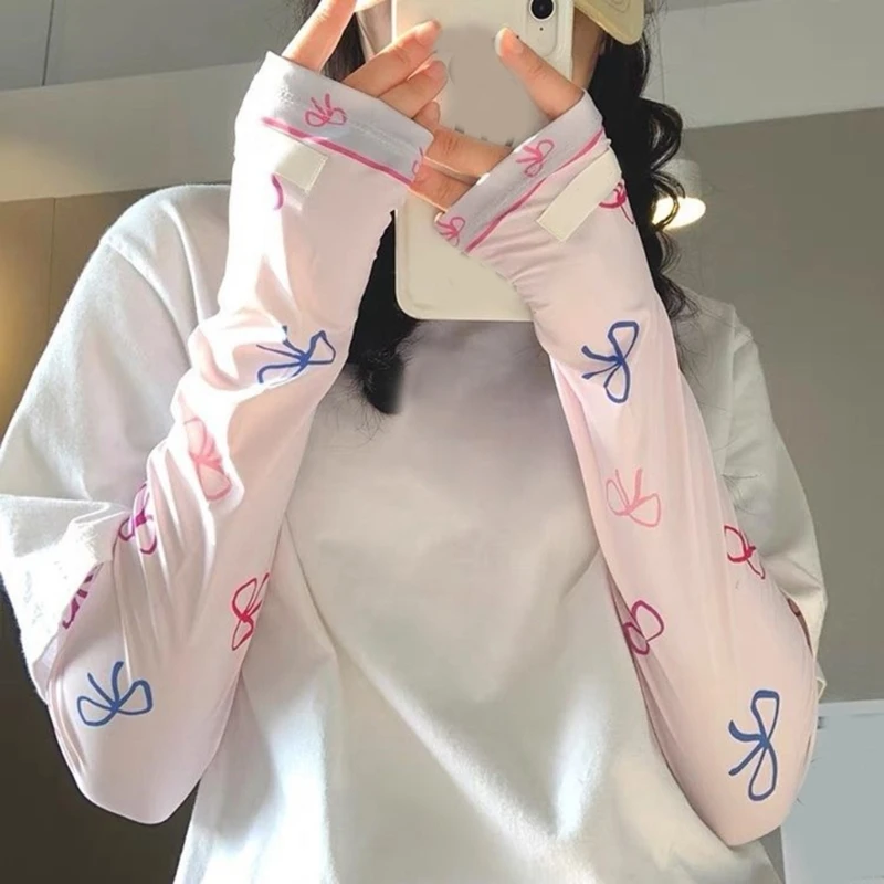 Women Bowknot Print Arm Sleeves Summer Sun Protection Outdoor Cooling Sleeve for Cycling Fishing Driving Riding Outdoor Activity
