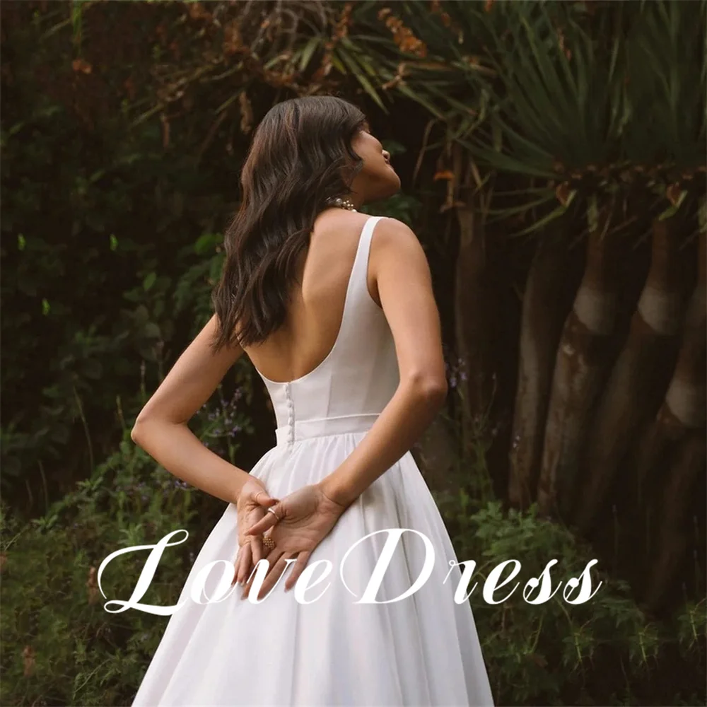Customized Elegant Pastoral A-Line Spaghetti Stain Square Collar Wedding Dresses Sleeveless Floor Length Bridal Gowns Vestido 5