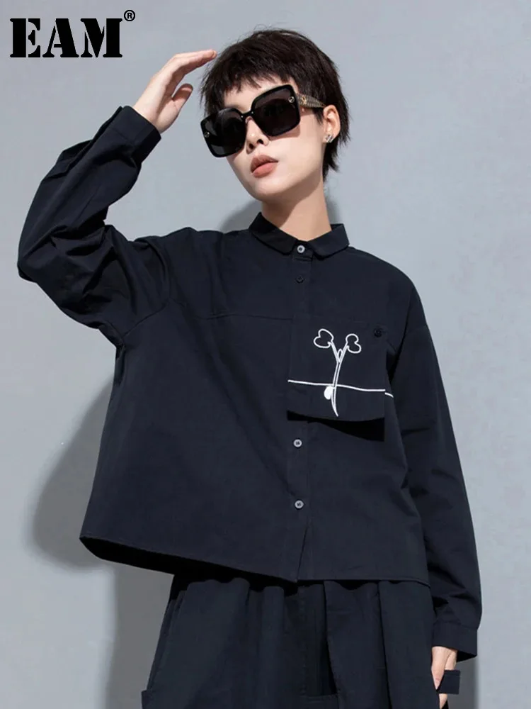 

[EAM] Women Black Embroidery Big Size Blouse New Lapel Long Sleeve Loose Fit Shirt Fashion Tide Spring Autumn 2024 1DH1087