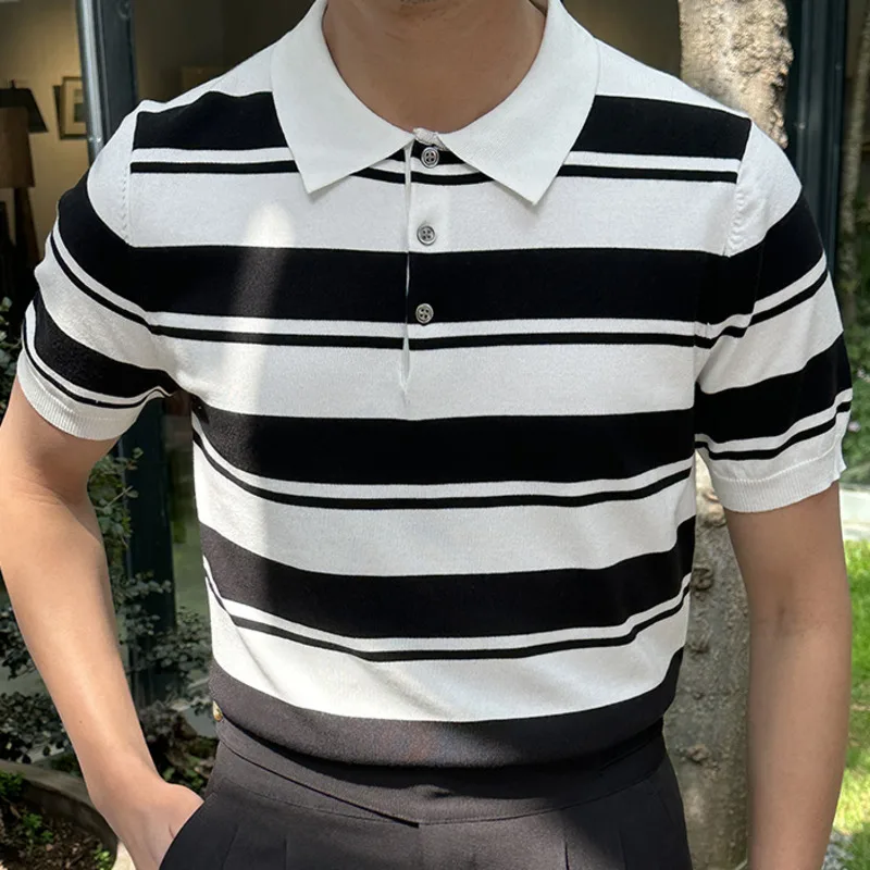 

2023 Summer Knit Lapel T-shirt Polo British Contrasting Stripes Casual Slim Lapel Polo Men's Shirt Mannen Polo Camisa Hombre