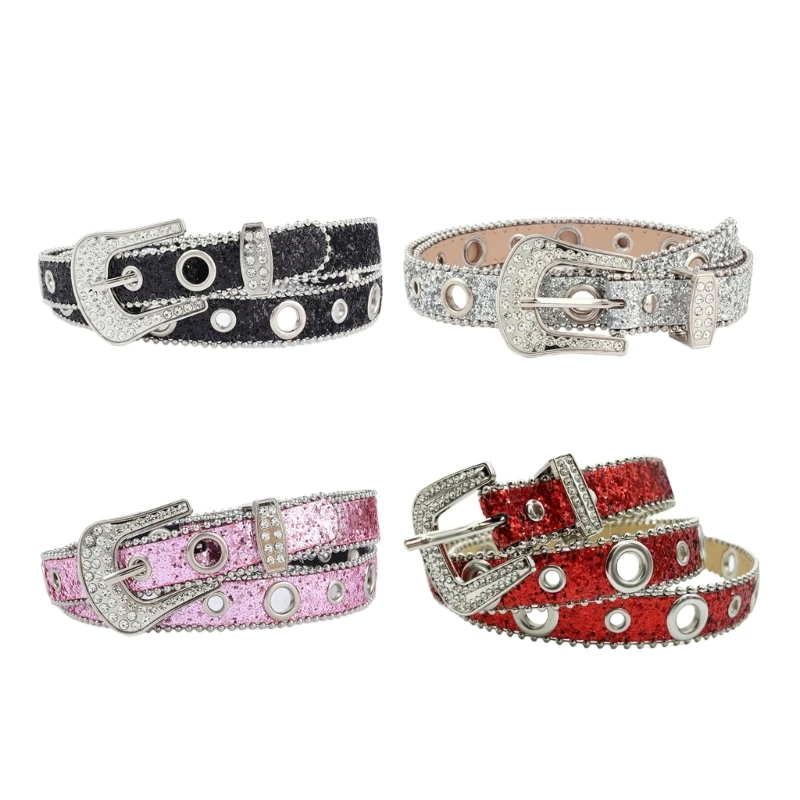 

652F Shinning Rhinestone Buckle Waist Belts for Rock Fans Adjustable Belt for Cowboy Teens Female Jeans Skirt Waistband