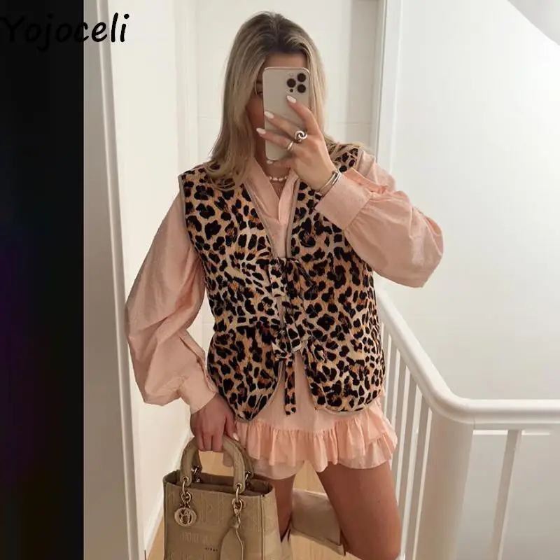 

Жилет Yojoceli женский леопардовый на шнуровке, повседневная безрукавка с бантом, модная верхняя одежда, весна