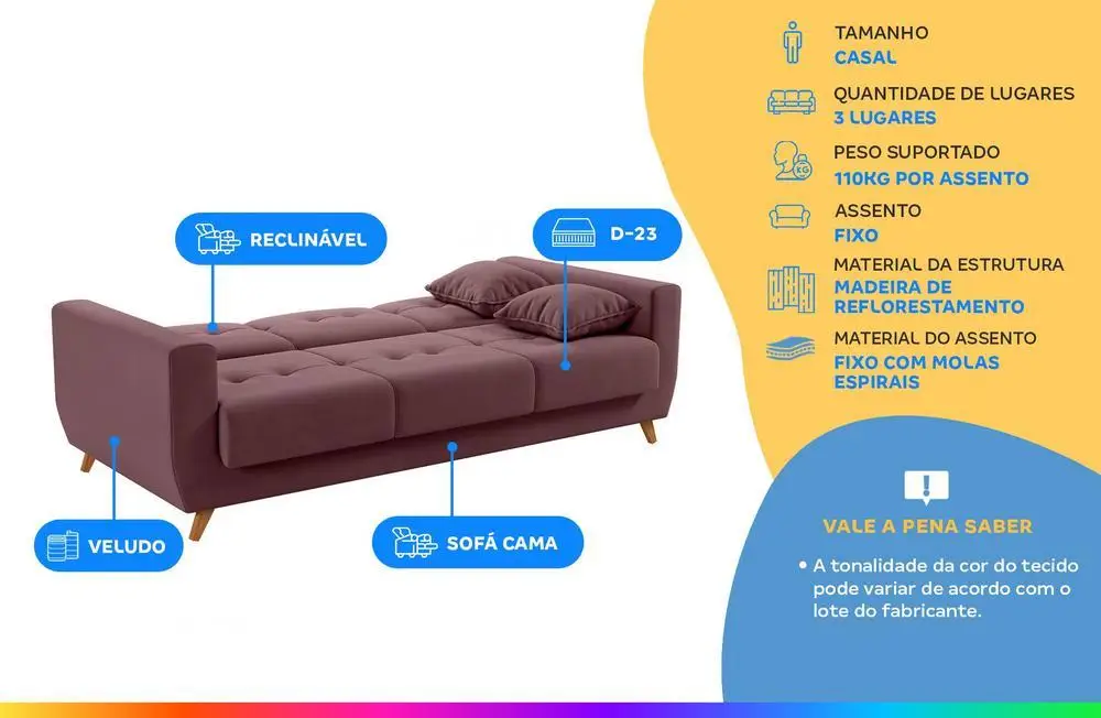 Sofá-cama Casal 3 Lugares com Baú Reclinável Veludo Matrix Pâmela 2