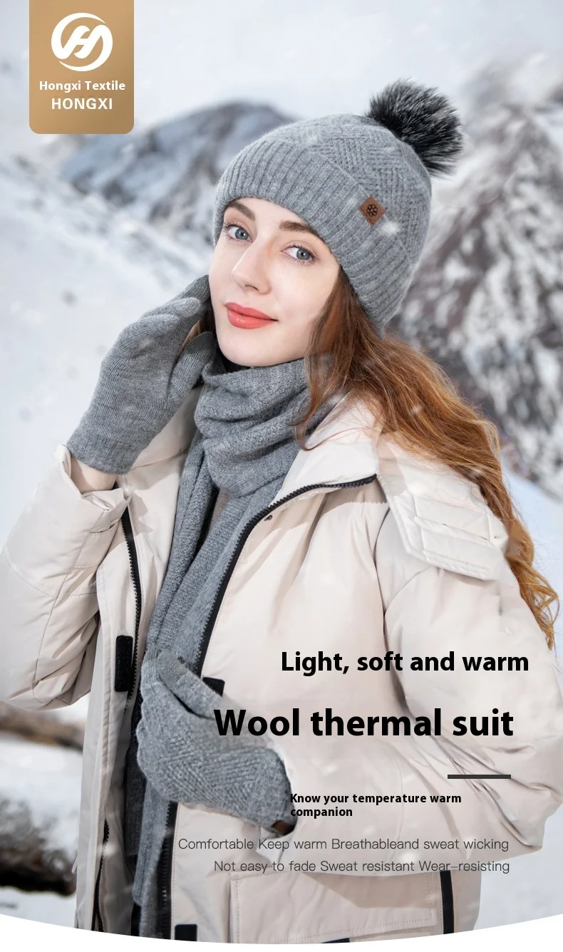 New Solid Color Wool Warm Hat Scarf Glove 3-piece Set Anti Cold Wool Ball And Velvet Knitted Set Women's Christmas Gift_voghion.com