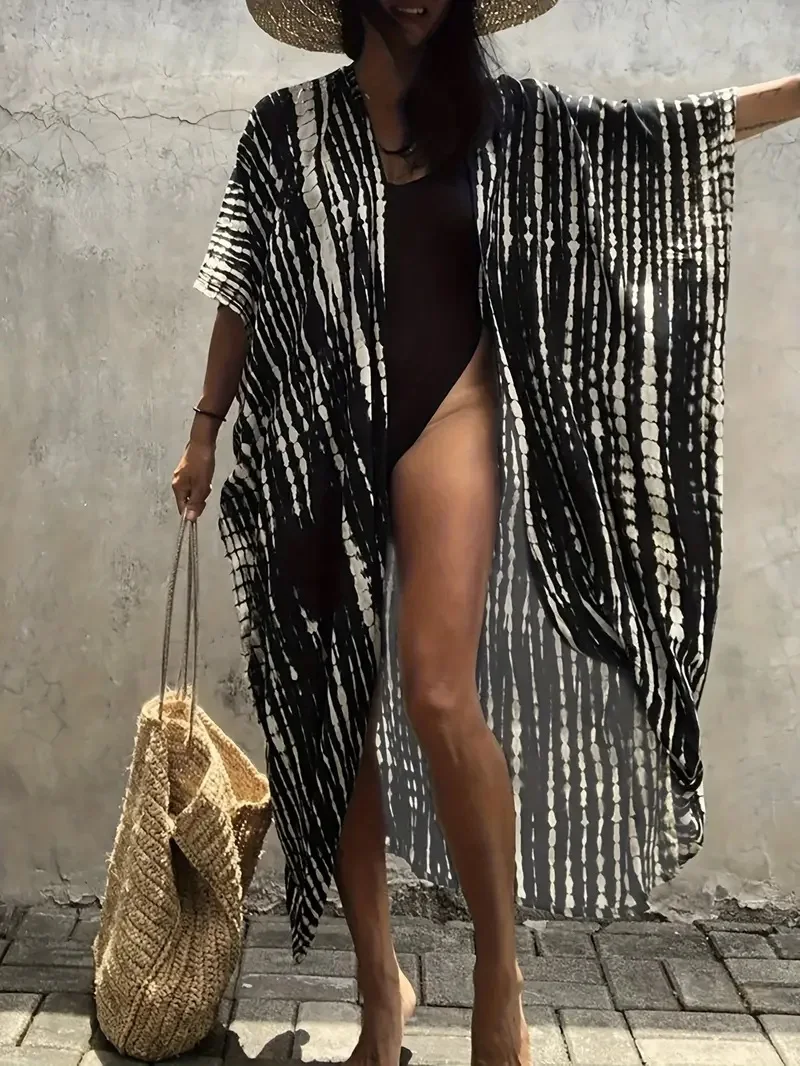 Stylish Tie Dye Open Front Long Kimono Swimsuit Cover up for Women 1