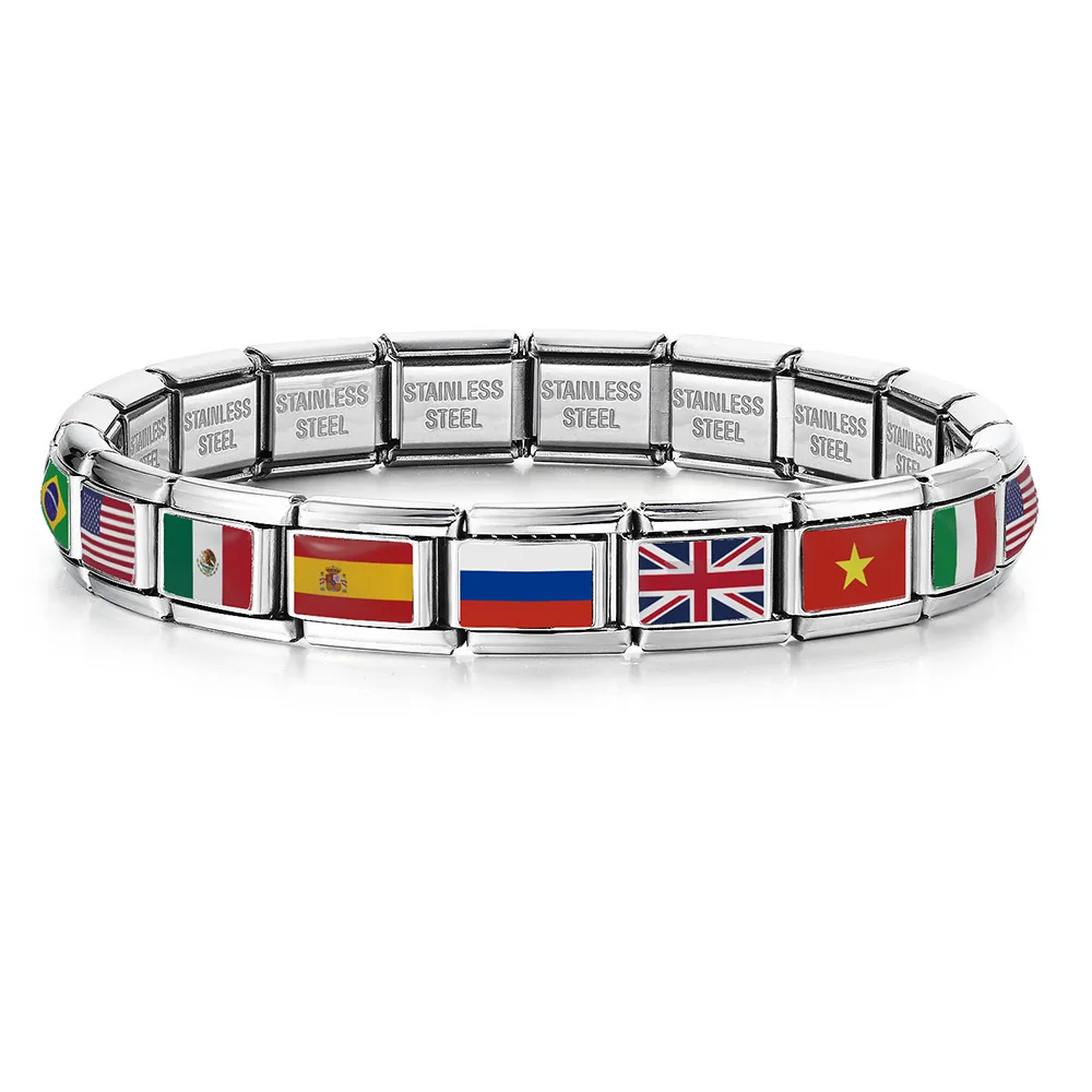 Stainless Steel Bracelet Classic World National Flag Italian Charm Link Fit 9mm Fashion Women Men Jewelry DIY Bead Making