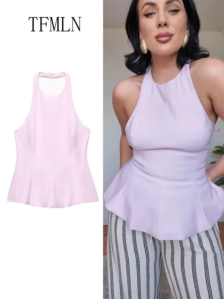 TFMLN Women Pink Halter Tank Tops Sexy Backless Sleeveless Female Chic Tops 2025 Summer New Women Side Zipper Fashion Top