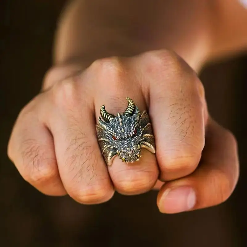 Anillo de dragón de estilo étnico dominante Retro para hombres, accesorios de joyería de jinete de motocicleta Punk, encanto abierto, Respiración de fuego