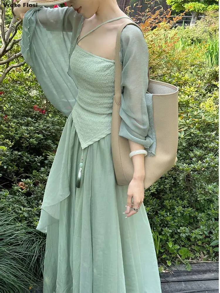 Blue Green Hanfu Suit Summer Chinese Style Qipao Dresses Mesh Cardigan Strap Vestidos Women Slim Cheongsams Costumes