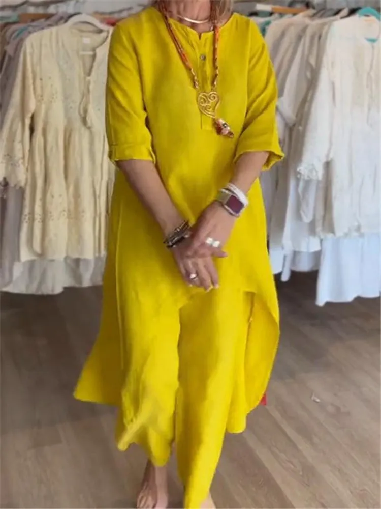 2024 유럽과 미국 국경을 넘나드는 여름 신상품, 순수한 컬러 캐주얼 긴팔 면 및 린넨 정장 여성