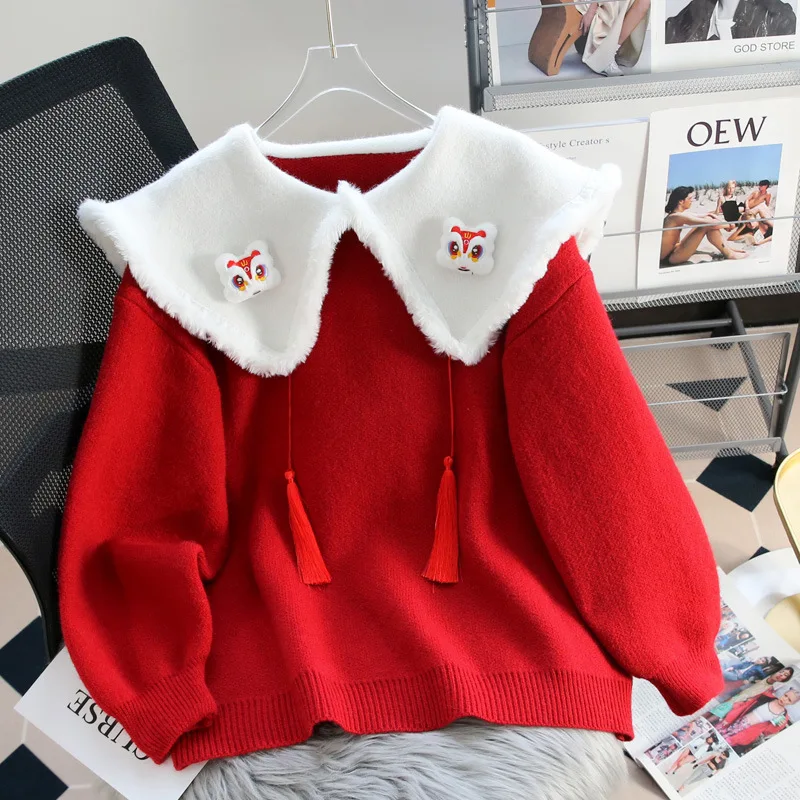 

Hsa New Year Red National Style Dragon Year Doll Collar Sweater Women's Autumn and Winter New New Year Atmosphere Tassel Jumperr