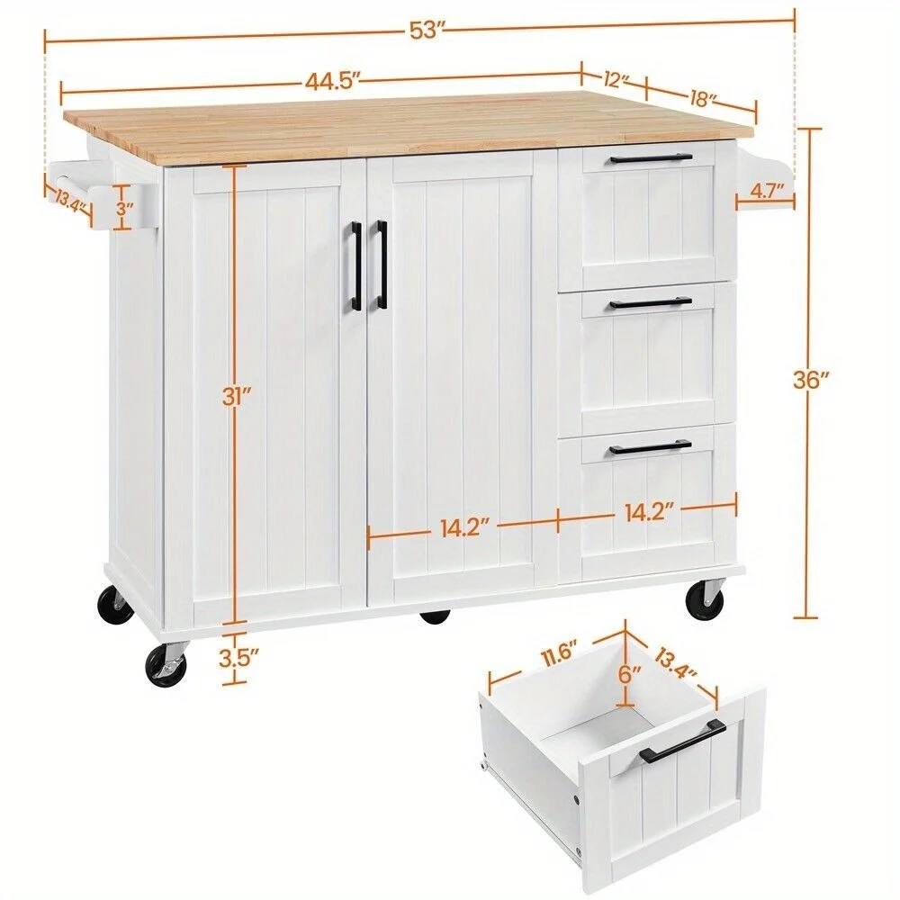 Rolling kitchen with deciduous top, kitchen cart with 3 drawers and cupboards