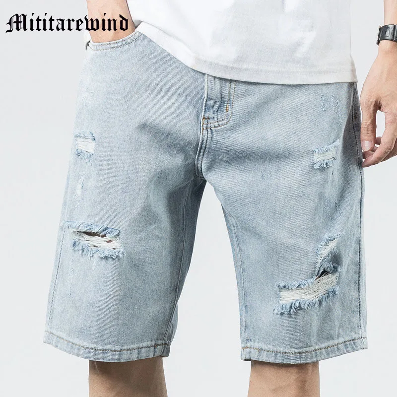 

Men's Denim Shorts Knee Length Straight Loose High Street Retro Blue Male Pants Clothing Hip Hop Casual Daily Summer Ripped
