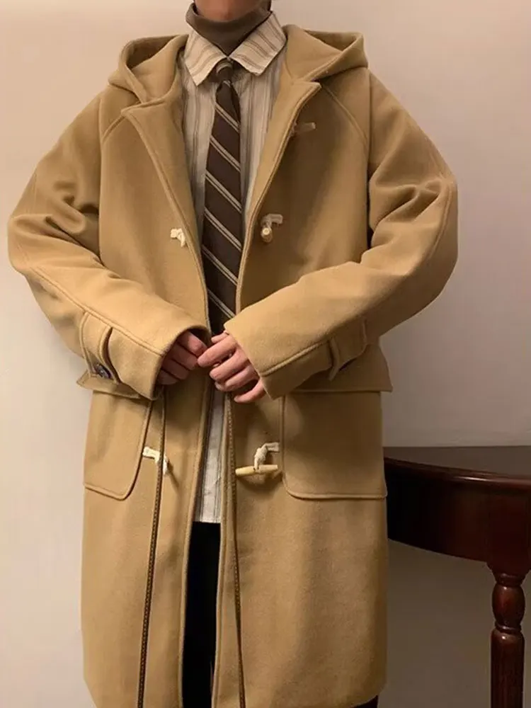 Trendy Men's Woolen Coat Hooded Mid-Length Winter Casual American Retro Buttoned Lamb Fur Collar Jaet Street Sle