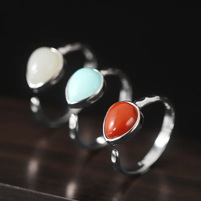 

JZ228 ZFSILVER Thai Silver 925 Fashion Elegant Hetian Jade South Red Agate Turquoise Luxury Waterdrop Rings Women Wedding Party