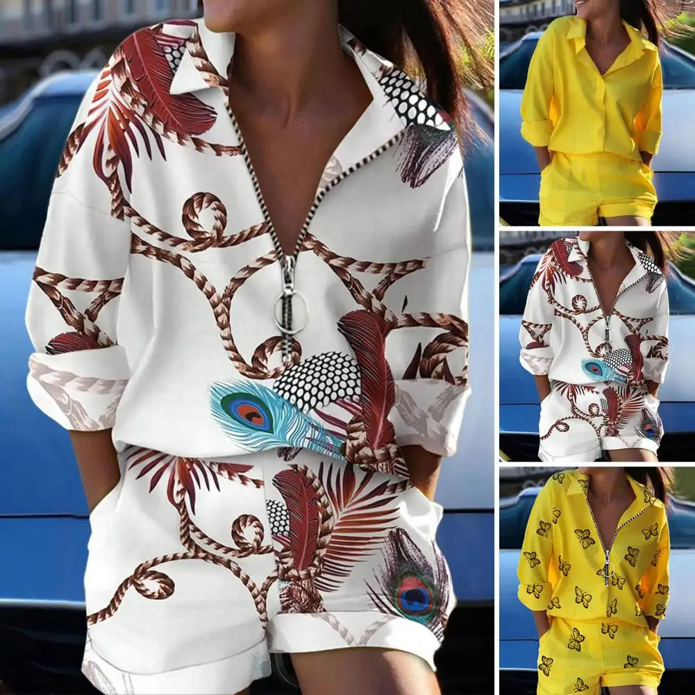 

2Pcs/Set Women Shirt Shorts Suit Turndown Collar Long Sleeves Metal Ring Zipper Feather Printed T-Shirt Top Pants Trousers Kit