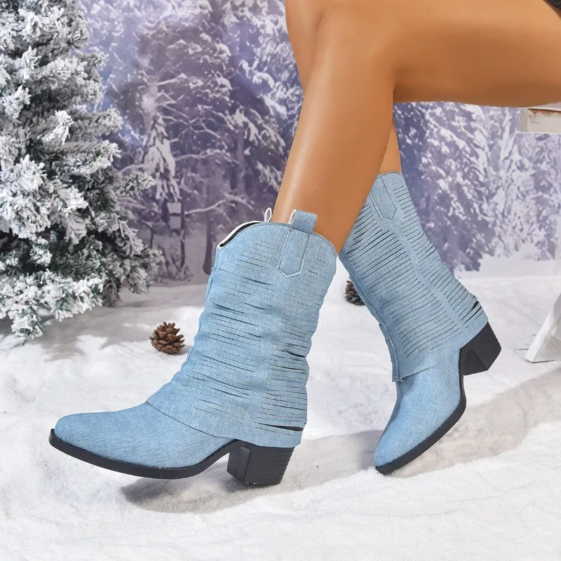 Thick-heeled Pointed-toe Short-leg Pants Ankle Boots for Women's Shoes 2025 New Style Autumn Winter Retro Western Denim Boots