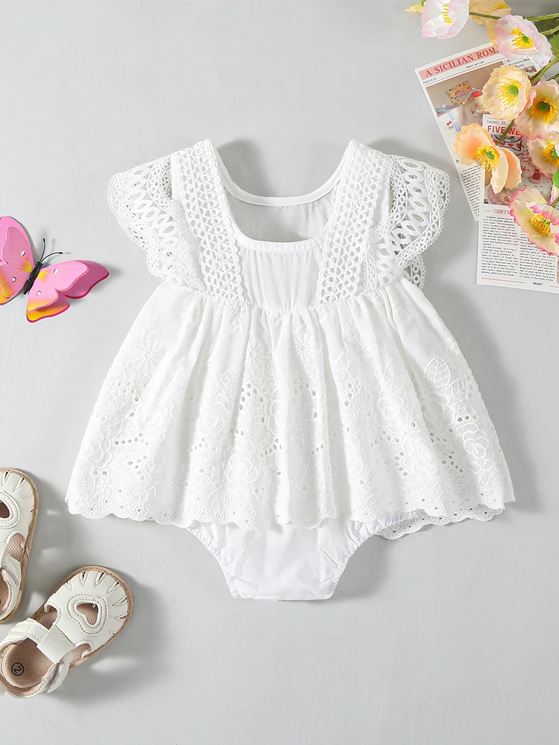 Summer Girl Baby Bodysuit 0-18M Newborn Solid Color Jumpsuit Infant Lace Hollow Embroidery Floral One Piece Baby Clothing 2