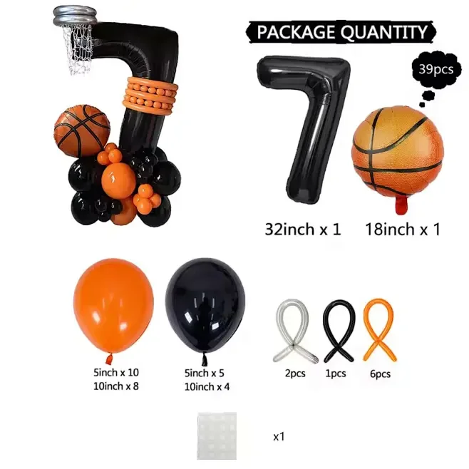 Basketball Birthday Party Balloons Set - 39pcs Sports Themed Decor with Large Foil Numbers