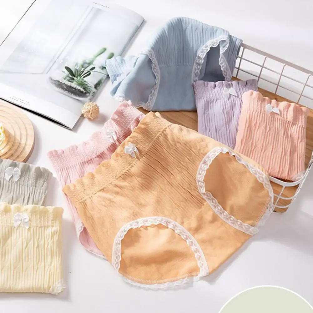 

Women Lace Bow Decor Women's Soft Breathable Moisture-wicking Underwear for Ladies with Mid Waist Elastic Thin Anti-septic