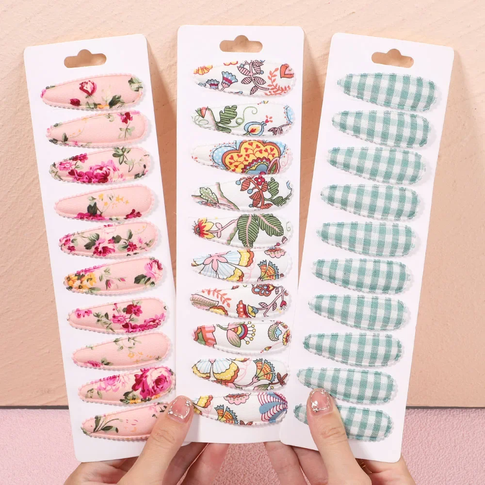 

10Pcs/Set Sweet Floral Print Snap Hair Clips For Kids Girl Waterdrop Shape BB Hairpins Barrettes Women Kids Accessories For Hair