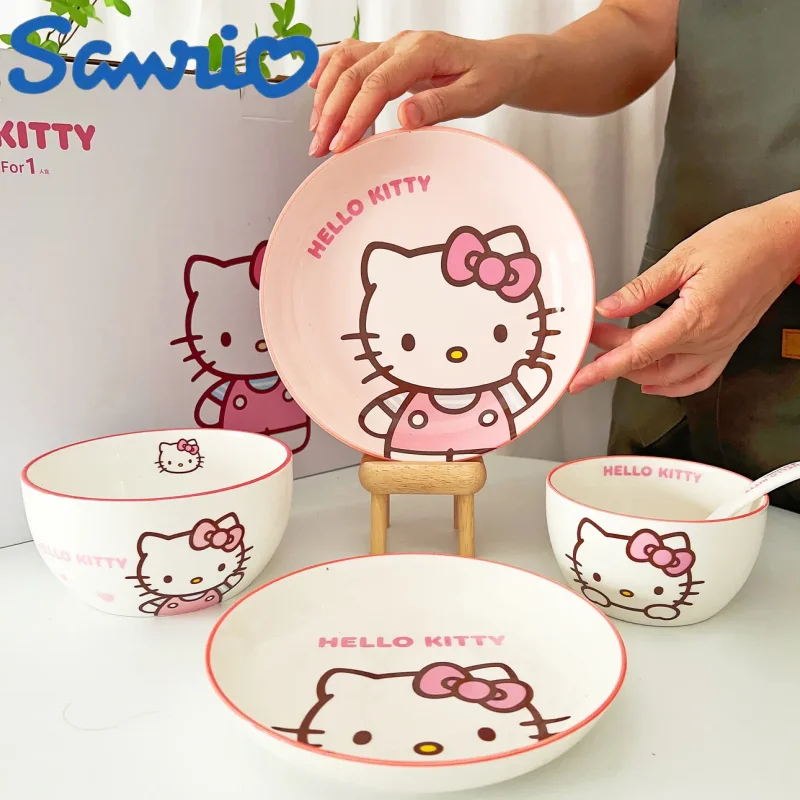 

Горячая Распродажа Sanrio столовая посуда Hello Kitty миска ложка тарелка мультфильм кавайная керамическая посуда кухонный набор для хранения продуктов бытовые подарки