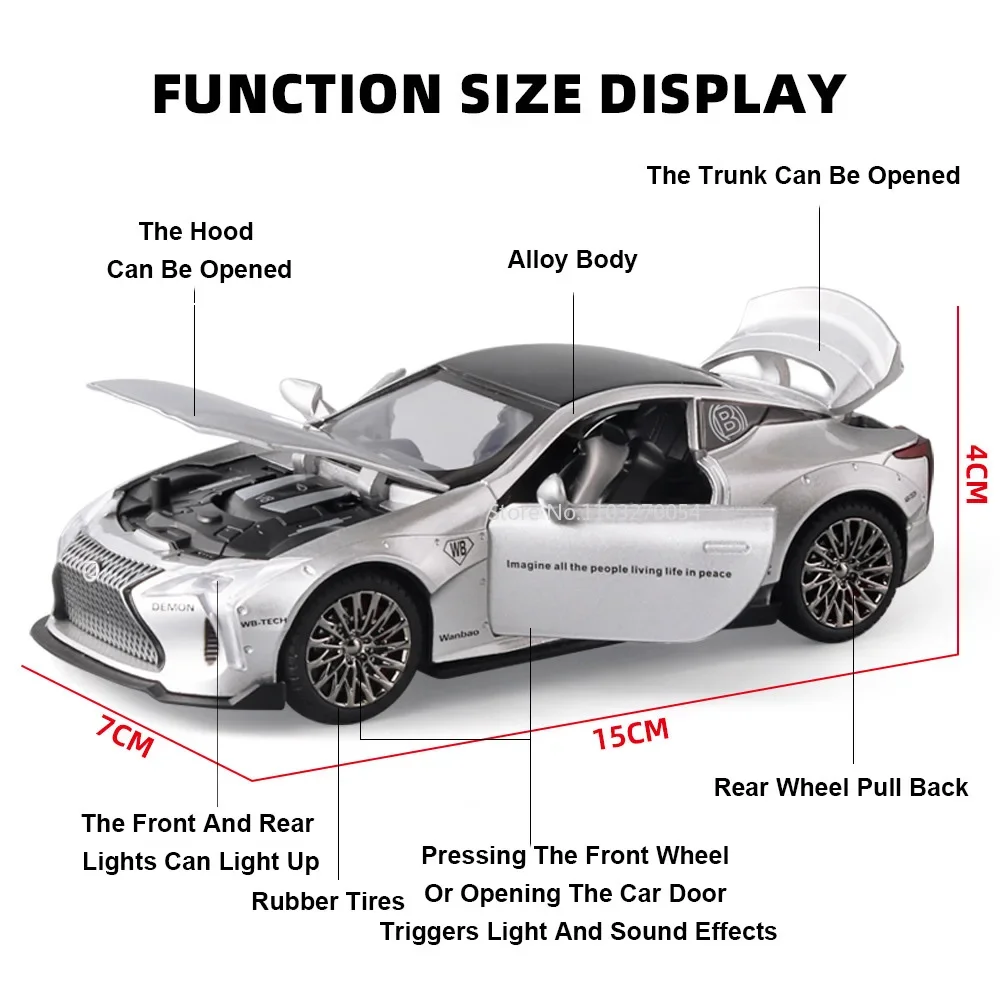 1:32 LEXUS LC500 Miniature Model Car Alloy Diecast Metal Rubber Tire Sound Light Pull Back Function Vehicles Collection Kids Toy 2