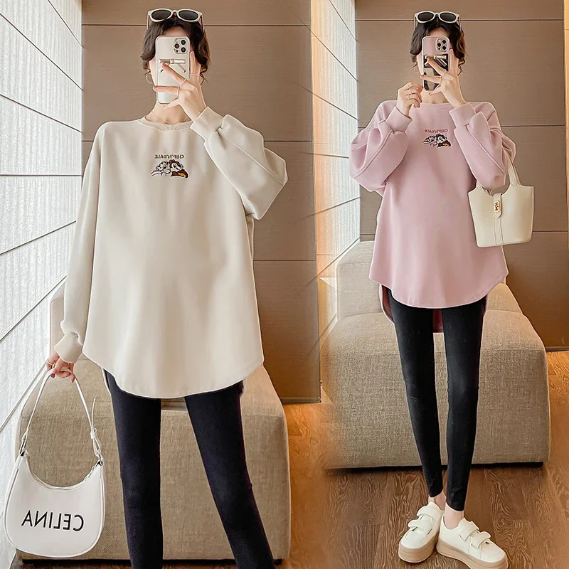 Autumn Maternity Hoodies Fashion Embroidery Long Loose Irregular Pregnant Woman Sweatshirt Plus Size Pregnancy Pullover Top