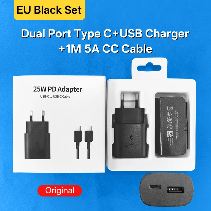 Dual Port 25W Type C USB Charger with 5A Cable - PD Super Fast Charging