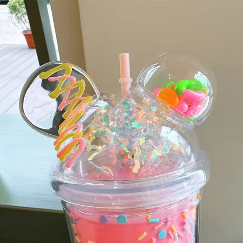 Cute Drinking Cup Creative Straw Interesting Children and Girls Summer Ice Cream Transparent Double Layer Plastic Gift Bottle plastic cup