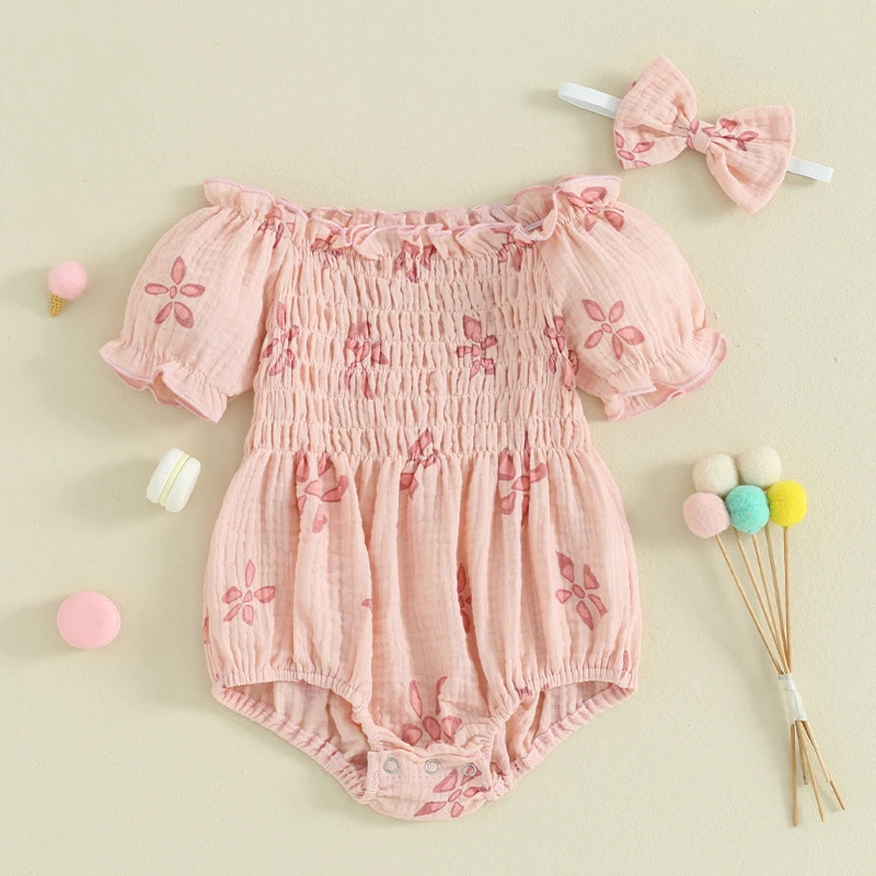 

0-24M Newborn Baby Girl Rompers Square Neck Puff Sleeve Shirred Flower Print Cute Bodysuits with Bow Headband Infant Outfits