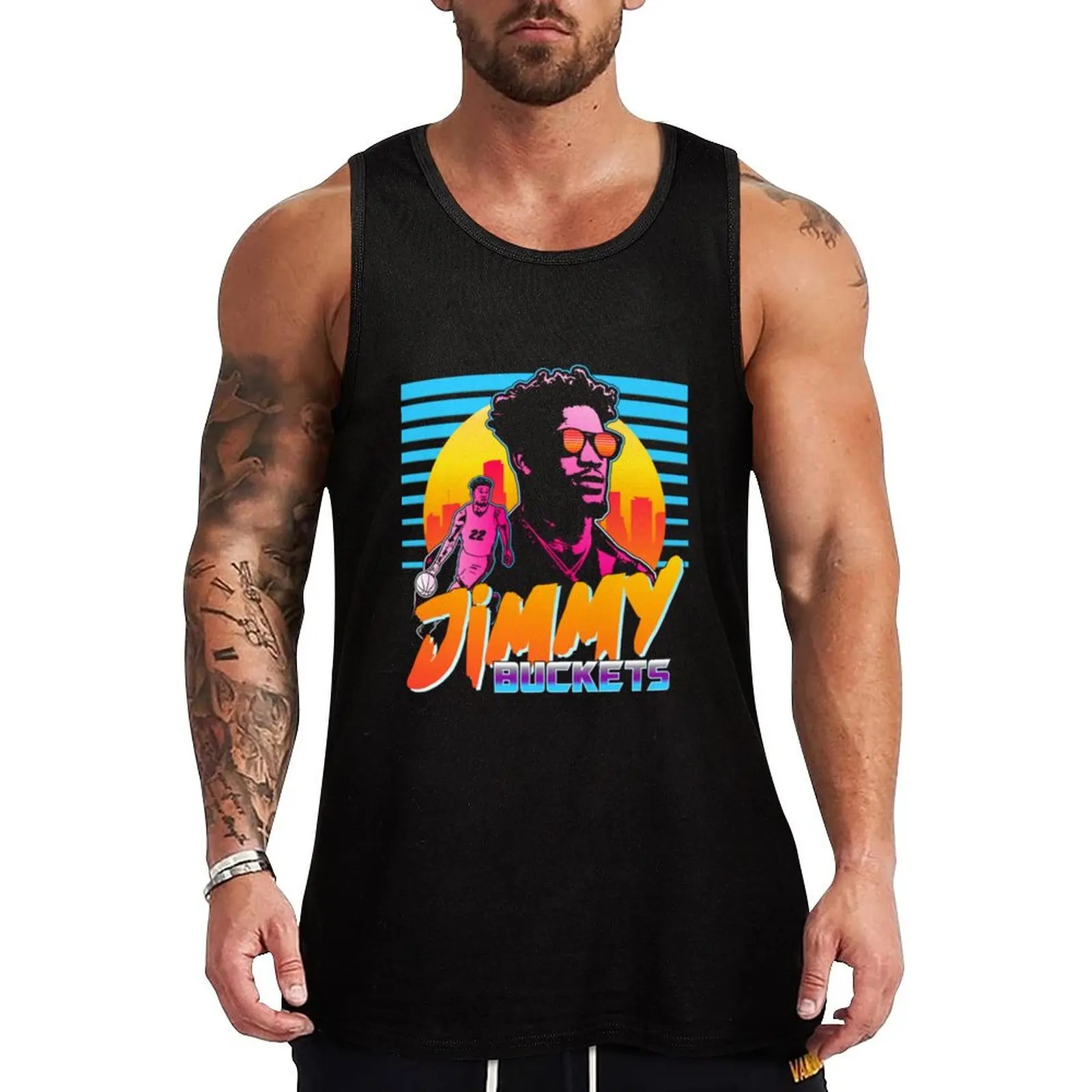 

Jimmy Buckets Miami Outrun Style Graphic Essential Tank Top Muscle fit Men's t-shirt gym wear men basketball clothing