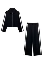 HH 2024 Female Street Trendy Trousers Suits Lapel Zipper Cropped Jackets+Elastic Waist Wide Leg Long Pants Causal Autumn Set - Image 4