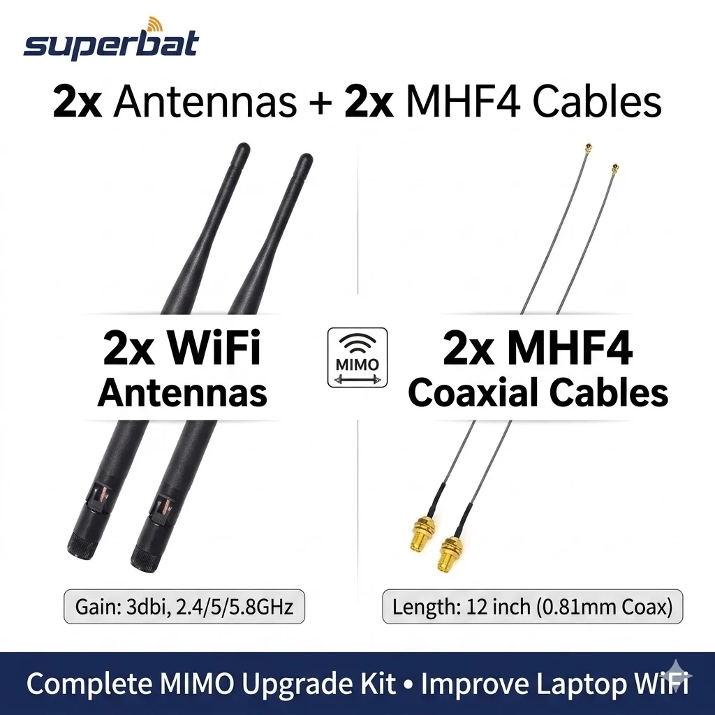 Superbat 2pcs M.2 3dbi 2.4GHz 5GHz 5.8GHz MIMO WiFi 안테나 RP-SMA Male + Ipex4 - 무선 네트워크 카드용 RP-SMA 케이블