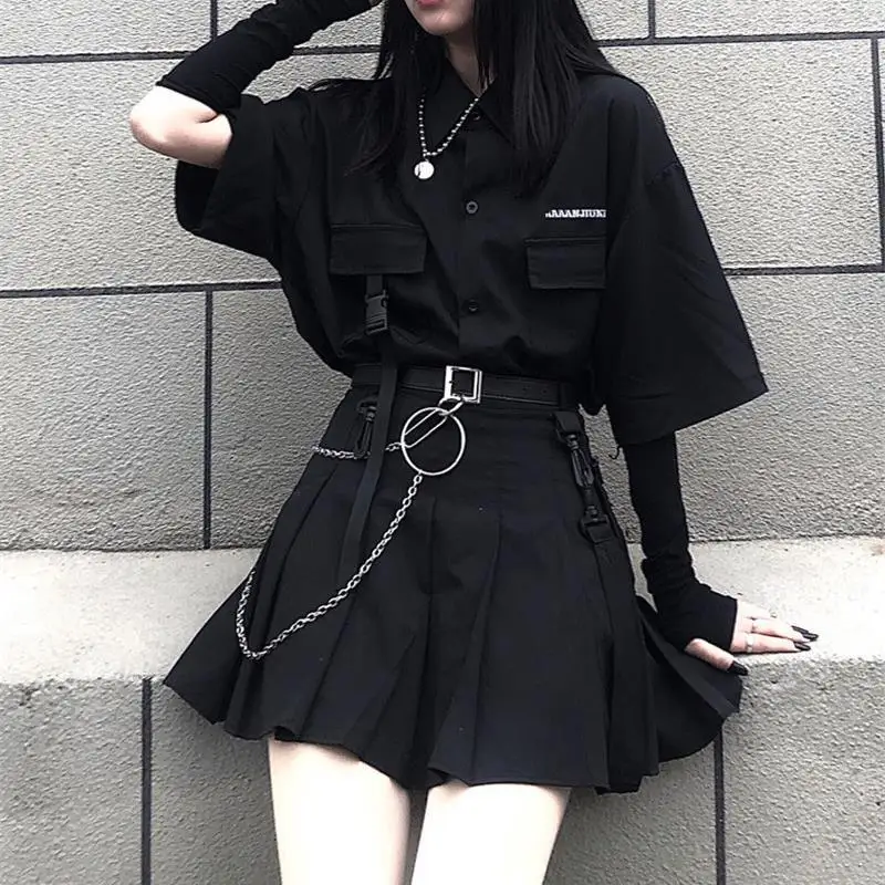 Fashion Black BF Streetwear Loose Shirt Girl Pleated Skirt Two Piece Sets Womens Outifits Y2k Set Skirt Sets Ensembles De Jupes