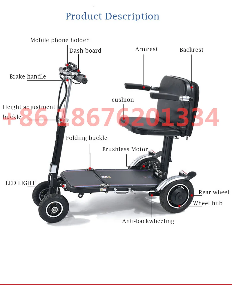 Aluminum Alloy Outdoor Travel 4 Wheel Ultralight Folding Disabled Electric four-wheeler Mobility Scooters Wheelchair walking 3