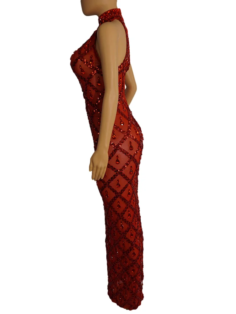 Red Stones dress Mermaid Bodycon Halter Sleeveless Ballroom Evening Festival Clothing Rhinstone Prom Special Ocassion Show