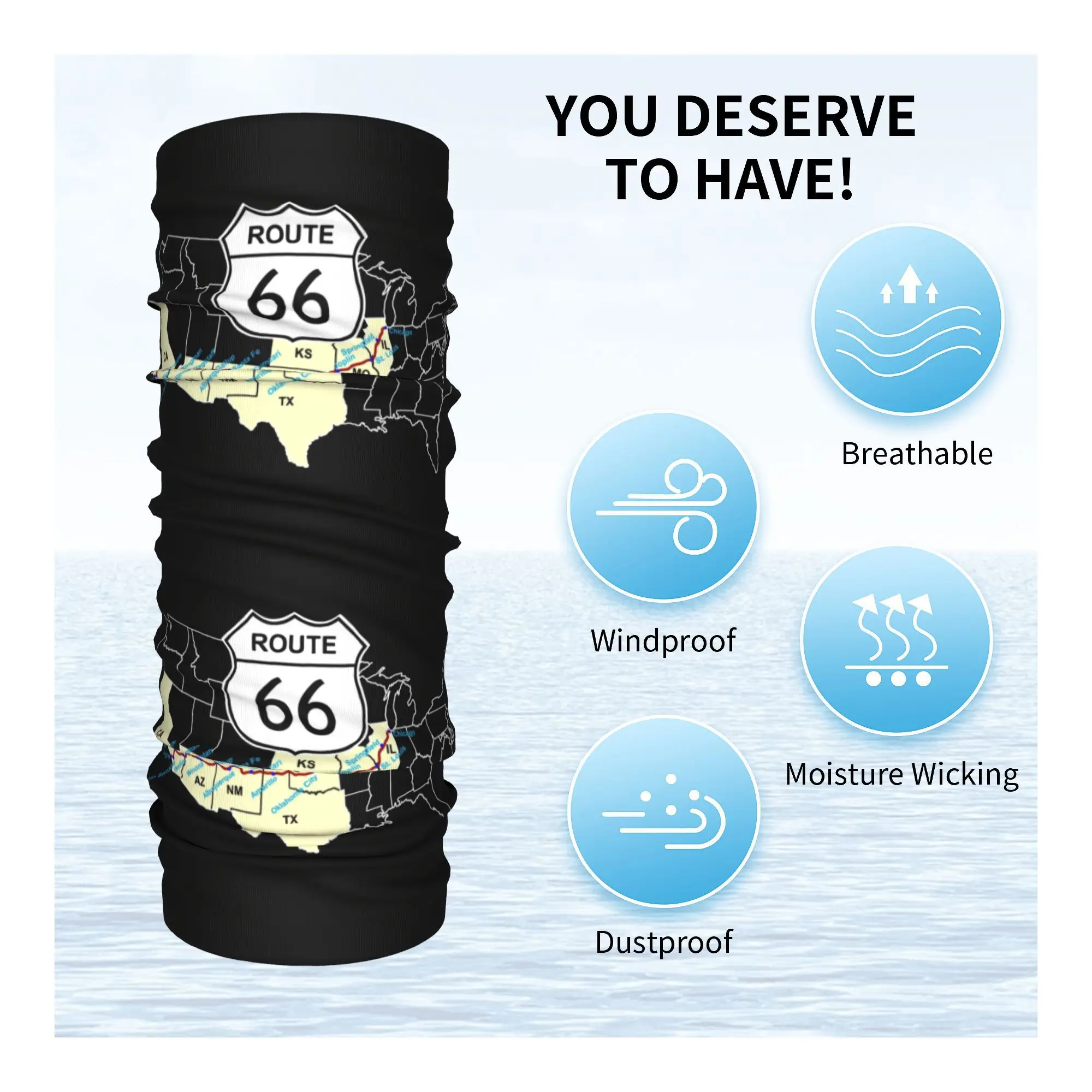 Route 66 USA Highway Bandana Neck Gaiter UV Protection Face Scarf Cover Map Headwear Tube Balaclava