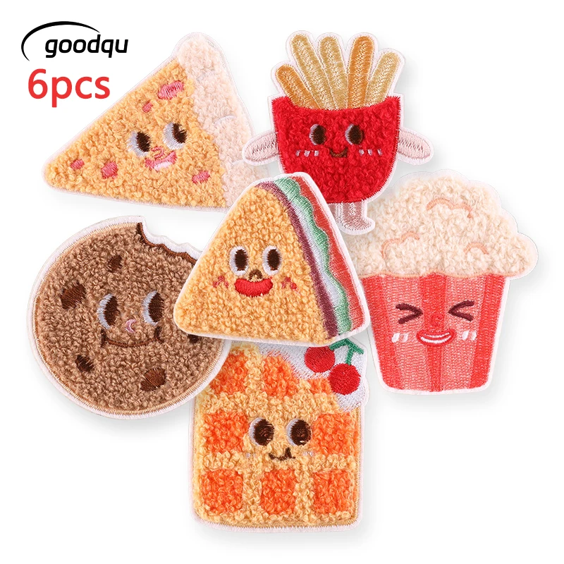 6 Stücke Chenille Lebensmittel Nette Selbstklebende Eisen Auf Patches Für Kleidung Kinder Gestickte Aufkleber Pack Stoffe Jacken Nähen Diy Lot