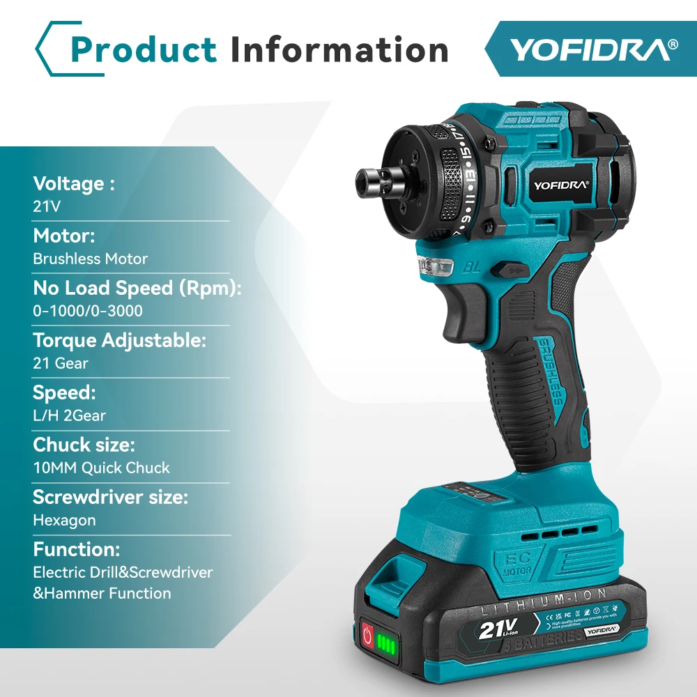 YOFIDRA 2 in1 ブラシレス電動ドライバーハンマーコードレスドリル 