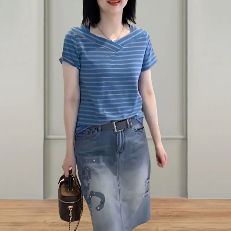

Женские летние свободные топы из чистого хлопка с V-образным вырезом и коротким рукавом, в Корейском стиле, в полоску